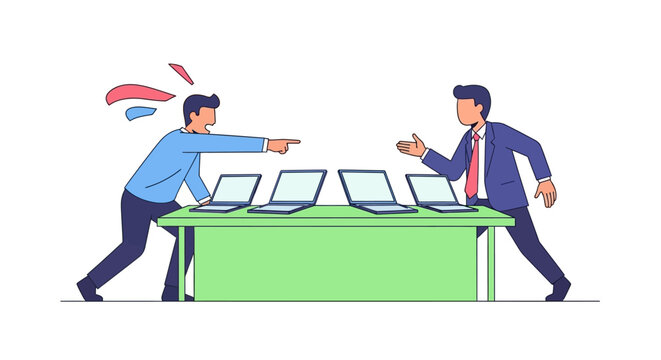 Two Men Competing Over Computers Fiercely.