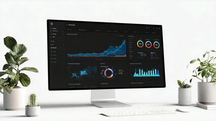 A modern computer display showcasing data visualization. The screen displays various charts and graphs, indicating analytics. - Powered by Adobe
