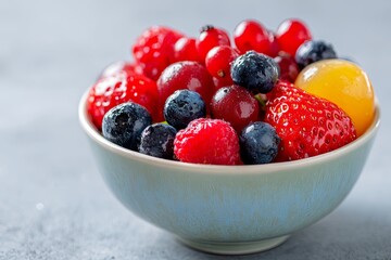 Minimalist composition of a clean bowl of vibrant fruit/berries, emphasizing the color and texture (mindful eating focus), bright natural light, ultra-detailed, 8k,