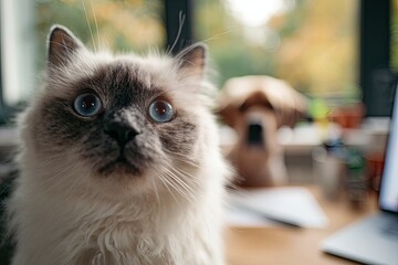 Clean, wide-angle shot of a clean, pet (e.g., cat, dog) making a brief, candid appearance in the background of a video call (humor/reality), WFH reality, candid moment, c