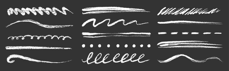 Hand drawn chalk underline brush strokes set on blackboard. Crayon texture brush stroke underline sketch paint for doodle border, pastel chalk pencil paint scratch, squiggle. Vector illustration