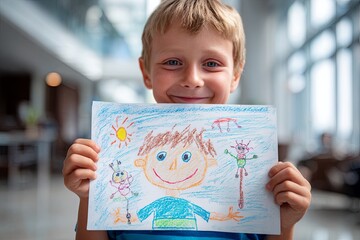 Child proudly holding up a drawing with a big smile, achievement, bright happy mood, natural daylight, ultra-detailed, DSLR photo,