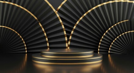 Elegant stage podium with golden lights and fan background