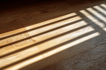 a clean wooden floor with the shadow of a venetian blind (thin, parallel lines) falling across it, geometric shadow texture, bright daylight, DSLR photo, high resolution,