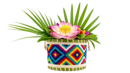 Colorful woven basket with pink lotus flower and green leaves 1