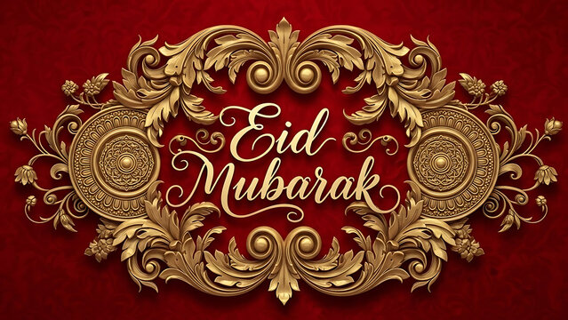 Eid Mubarak celebration with golden decorations on a red background