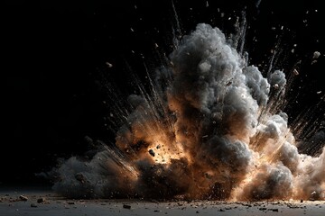 Detailed metallic shrapnel flying from an explosion, smoke and sparks, photorealistic vfx, cinematic, isolated on black,