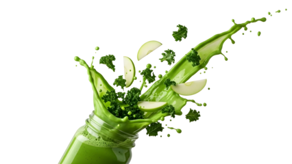 Vibrant splash of bright green kale and apple smoothie vigorously erupting from a clear glass jar creates dynamic health food imagery.
