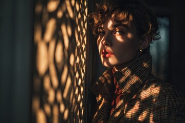 A model standing next to a wall, illuminated by natural light with the shadow of a lattice/grill window creating a complex pattern on their clothing, dramatic contrast, d