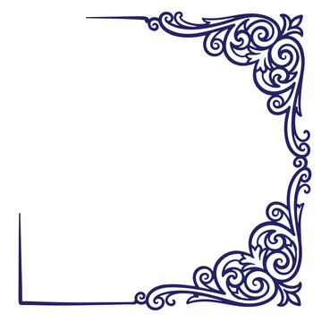Elegant blue decorative frame corners with floral swirl elements on a white background.