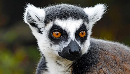 A close-up portrait shows a ring-tailed primate with striking orange eyes, prominent white ear tufts, and a patterned black and white face