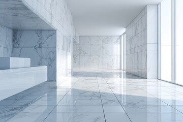 Wide-angle view of a clean, massive, minimalist kitchen/bathroom interior dominated by large, seamless marble wall and floor panels, architecture, elegance, high key ligh