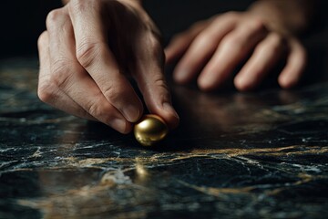 clean hands (focused detail) gently placing a single, perfect golden object (focused on the contrast) onto a dark, rich, textured marble surface, contrast, detail focus,