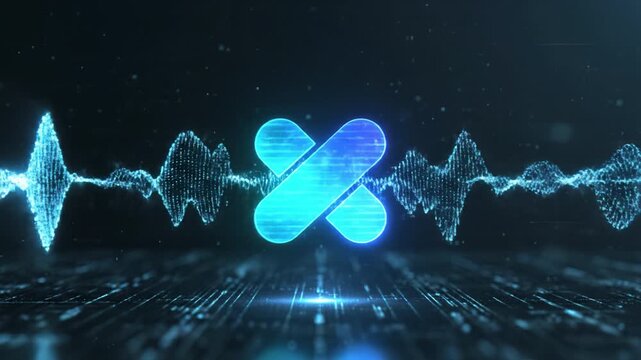 Futuristic blue digital logo with glowing soundwave waveform and circuit grid reflection conveying technology and audio innovation glowing blue futuristic cross icon above digital circuit surface
