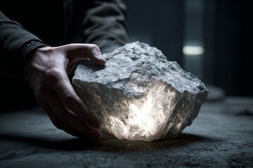 Clean, dark, moody atmosphere with a clean, single, harsh light on a focused hand holding a glowing piece of raw, textured marble (high contrast extraction), geology, ext