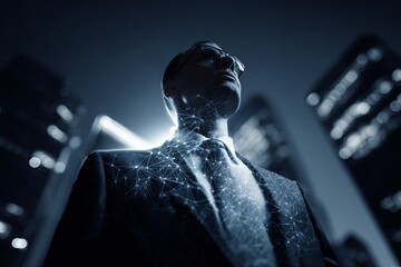 Low-angle shot looking up at a clean, person standing triumphantly with a holographic projection of a complex network map (focused on the scope) above their head, managem