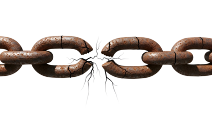 Rusty Chain Link Broken with Cracks and White Sparks