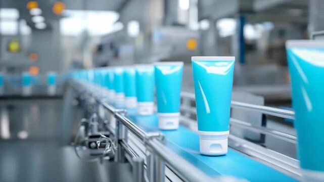 Cosmetic tubes moving along a conveyor belt in a factory. Automation and industrial efficiency at work