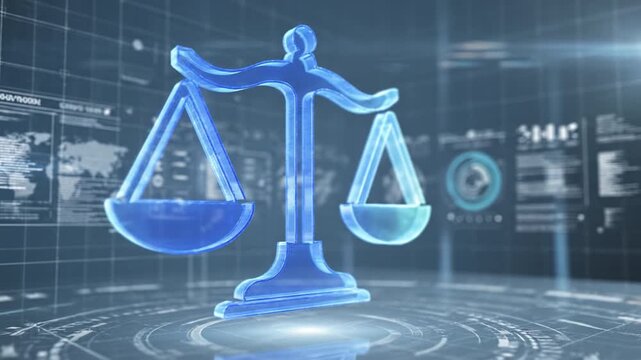 Blue translucent justice scale floating futuristic data interface with holographic charts and circular HUD elements conveying legal technology balance ethics and digital law awareness transparent