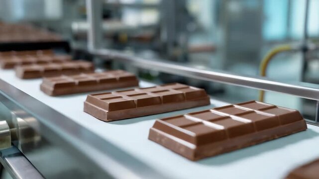 Chocolate bars on a production line, emphasizing automated food production and industrial processes
