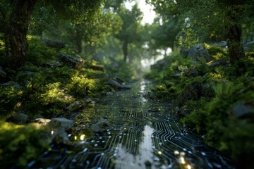 Futuristic Forest Stream Blending Nature and Technology with Circuit Patterns and Greenery in an Enchanted Landscape