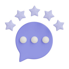 3D purple speech bubble with five stars for customer review and satisfaction rating.