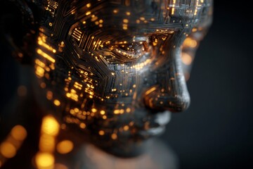 Futuristic Digital Human Face with Circuit Patterns Representing Artificial Intelligence and Technology Concepts in a Dark Background