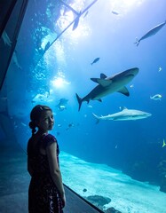 Young girl gazes at sharks swimming in a large aquarium