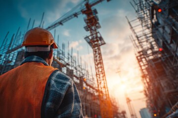 Construction Worker Observing Site Progress with Crane and Steel Framework in Urban Environment Under Bright Sky
