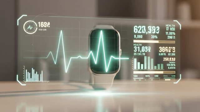 Smartwatch health monitor holographic display with glowing electrocardiogram waveform heart rate stats activity graphs transparent interface biometric heart rate waveform health analytics overlay