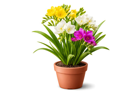 Colorful Freesia Flowers in Terracotta Pot Isolated on White Background