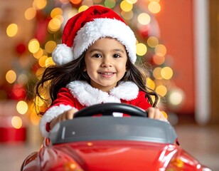 Young girl in Santa outfit smiles while driving a toy car