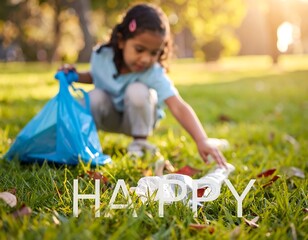 Young girl picking up litter in a sunny park with "HAPPY" in foreground