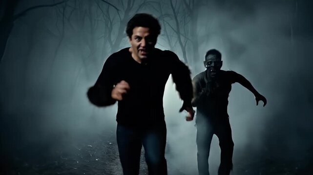 Man Running from Zombie in Dark Forest with Misty Background and Bare Trees