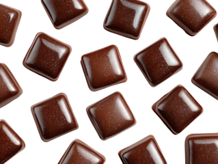 Gleaming chocolate squares are scattered on a stark black surface