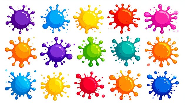 Colorful cartoon paint splatters in various vibrant hues, isolated on a white background - Powered by Adobe