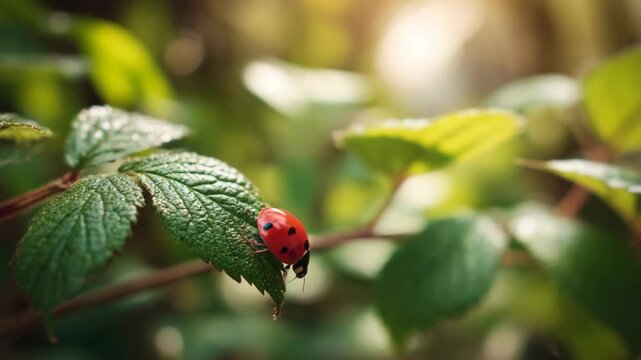A vivid shot of a ladybug resting on a fresh green leaf, set in a natural setting, evoking the serenity of the outdoors. The ladybug's red shell is accentuated against the green background.