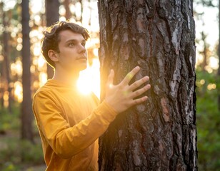 Young person embraces a tree trunk as sunlight filters through the forest