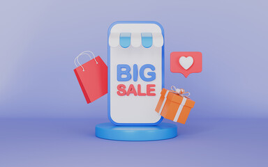 Podium stage with flying shop awning smartphone, Big online shopping sale mobile store app