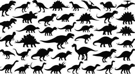 Large Collection of Diverse Dinosaur Silhouettes Including Tyrannosaurus Rex Triceratops Stegosaurus and Brachiosaurus Isolated on White Background for Paleontology Design Projects © Selina