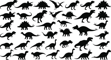 Large Collection of Prehistoric Dinosaur Silhouettes Including Tyrannosaurus Rex Triceratops Stegosaurus and Pterodactyl Isolated on White Background for Ancient Wildlife Design Projects © Selina