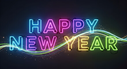 Happy new year neon sign with colorful light streaks and bokeh