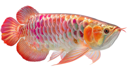 Beautiful Arowana fish with iridescent red scales and ornate fins, facing right