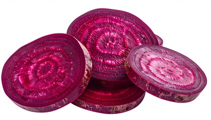 Sliced red vegetable revealing swirling pattern, white background