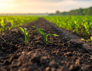 Young plants sprout in rows across a sunny rural field