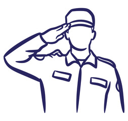 Obraz premium Vector illustration of a uniformed soldier giving a respectful military salute outline