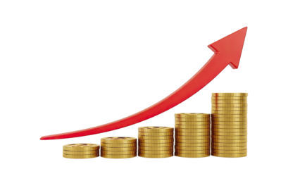 Upward Trend of Stacked Gold Coins with Red Arrow
