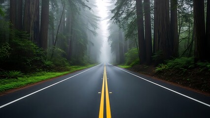 Fototapeta premium A Foggy Road Extends Deep Into A Towering Redwood Forest, Highlighting The Majestic Scale Of Nature And A Path Forward.