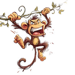 Wild cartoon monkey hanging from twisted vine with dramatic expression and dynamic action pose isolated on a white or transparent background
