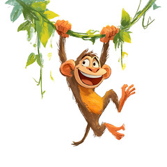 Playful cartoon monkey dangling happily from leafy vine with relaxed motion and smiling face isolated on a white or transparent background